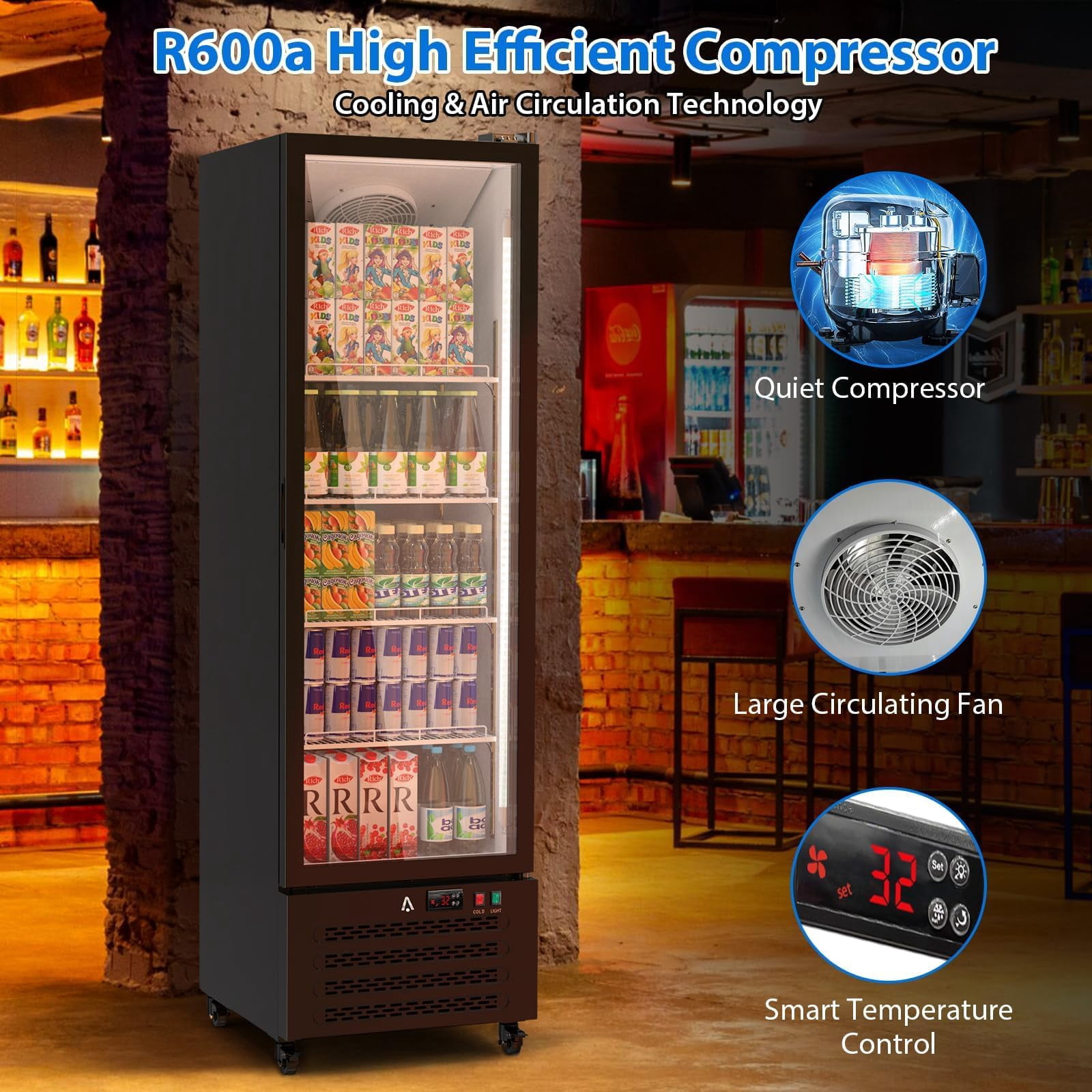 Historyli Commercial Glass Door Display Refrigerator with LED Light, 4 Adjustable Shelves Beverage Cooler, Black