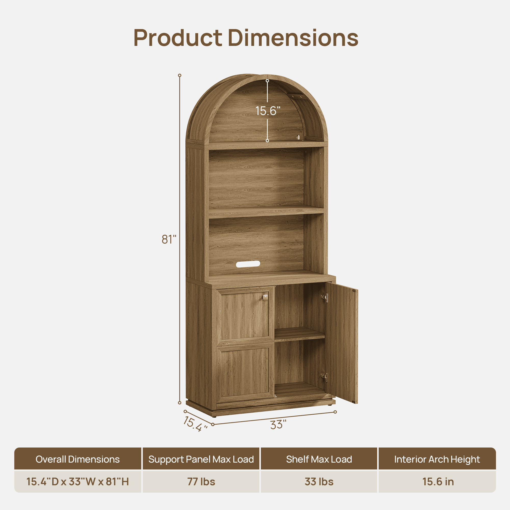SICOTAS 81" Tall Arched Kitchen Pantry Storage Cabinet with Doors & Adjustable Shelves, Oversized 5-Tier Farmhouse Cupboard with Cable Management for Dining Room, Living Room, Brown Oak