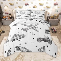 Homewish Cartoon Airplane Motorcycle Full Size Comforter Sets,Extreme Sport Bedding Comforter Set,White Gray Bedding Sets For Boys Kids,Super Cozy Room Decor Reversible,3-Piece