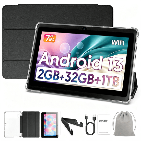 Tedupee 7 inch Tablet, Android 13 Tablets Quad-Core, 4GB RAM 32GB ROM 1TB Expandable, 3500mAh, Dual Camera, with Case, Stand & Storage Bag,Black