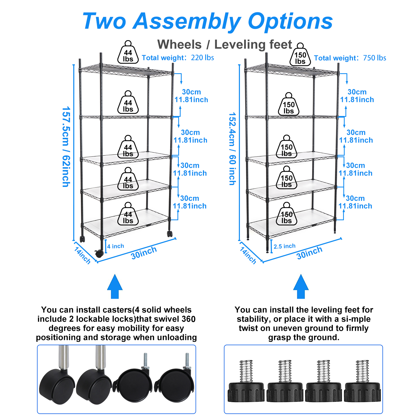 Miniyam 5 Tier Wire Shelf Unit with Casters, 750 lb Capacity, Black