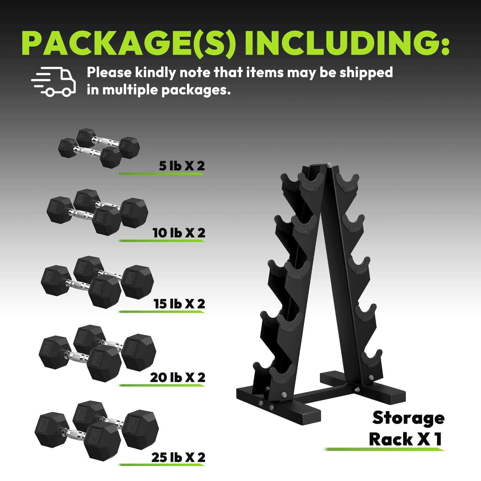 HANDBODE Dumbbell Set Rubber Encased Hex Dumbbell Free Weights Dumbbells Set Home Weight Set with Rack 5 * 2 / 10 * 2 / 15 * 2 / 20 * 2 / 25 * 2