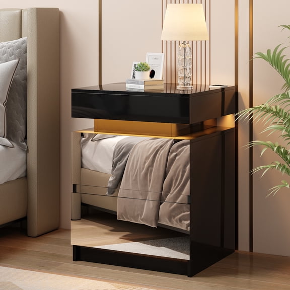 VKCC LED Nightstand Bedside Table with 2 Drawers,Night Stand with with Magnetic Lock,Modern End Side Table for Bedroom,Black