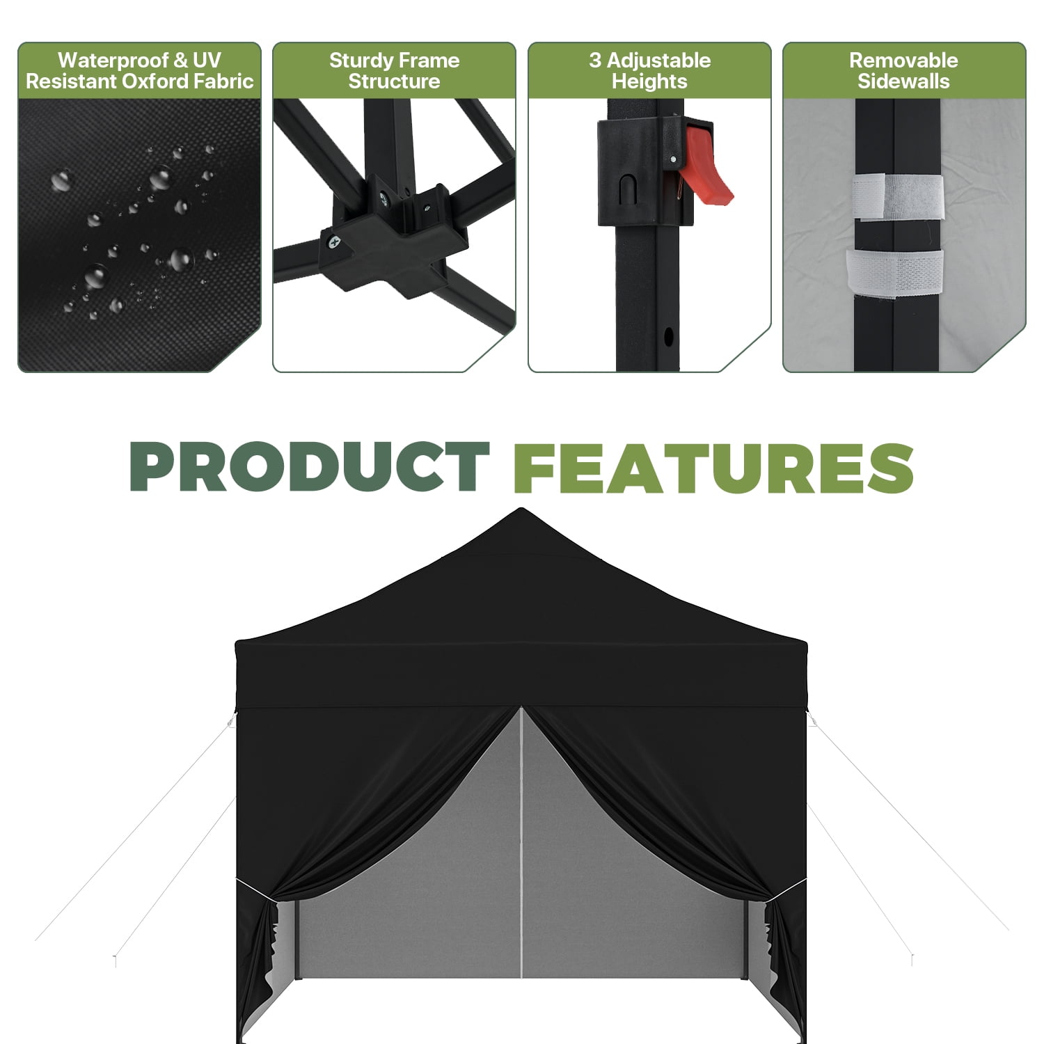 BaPiPro 10'x10' Pop Up Canopy Tent with 4 Removable Sidewalls, Adjustable Height Instant Outdoor Canopy, Portable Sun Shade Shelter with 4 Sandbags, Easy Setup for Parties, Camping, Events, Black
