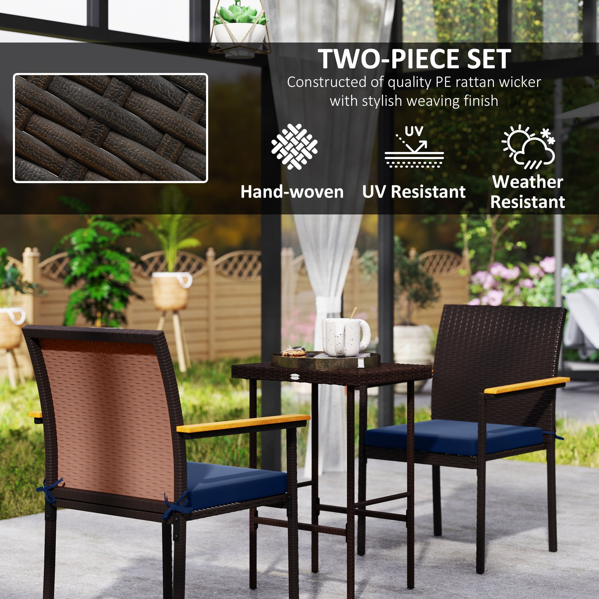 Outsunny Patio Wicker Dining Chair Set of 2, PE Rattan Outdoor Dining Chairs with Cushions, Backrest, Armrests for Deck, Garden, Navy Blue