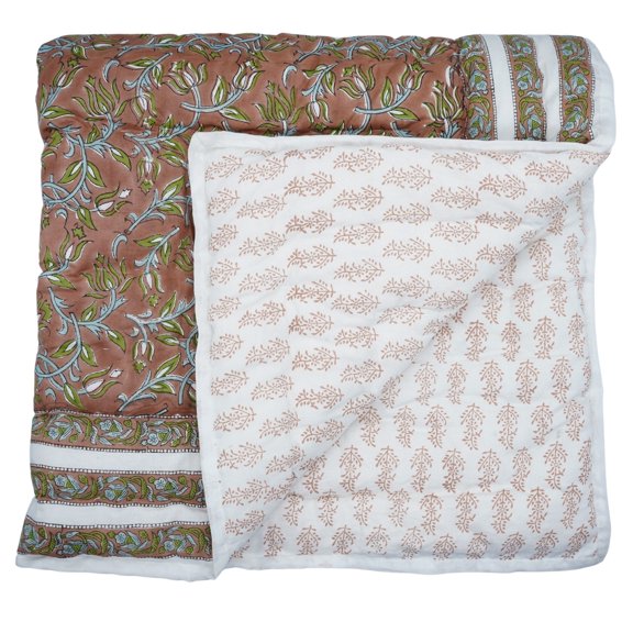 Block print cotton quilt, handmade quilted cotton warm quilt, 83"X95"