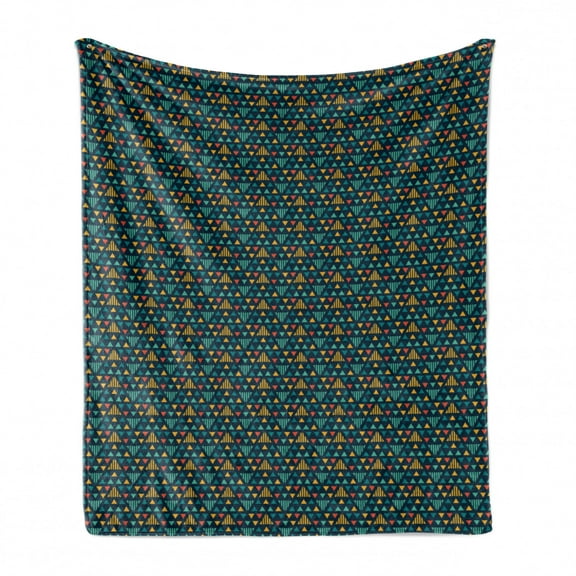 Geometric Soft Flannel Fleece Throw Blanket, Illustration of Repetitive Irregularly Triangular Shaped Motifs, Cozy Plush for Indoor and Outdoor Use, 70" x 90", Dark Teal and Multicolor, by Ambesonne