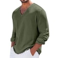 thumbnail image 5 of Men’s V Neck Long Sleeve T-Shirt Solid Color Cotton Linen Casual Spring Summer Top, 5 of 5