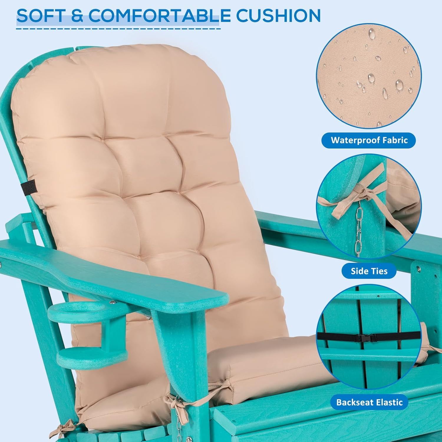 Nalone Folding Adirondack Chairs with Cushion with Cup Holder, HDPE Plastic Oversized Patio Chair Weather Resistant(Aruba)