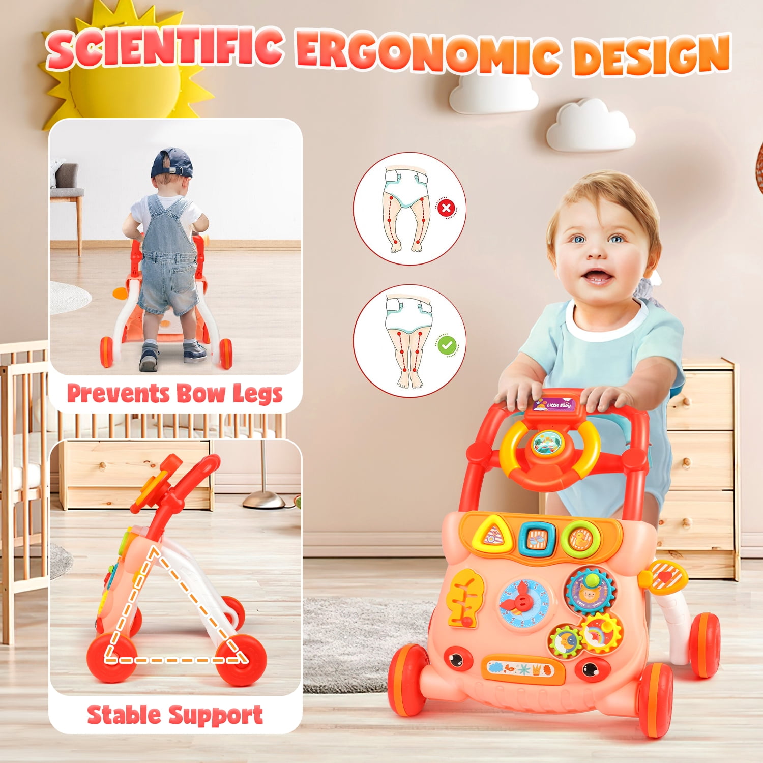 Huge Wave Baby Push Walker Toys, Sit to Stand Early Learning Walker with Activity Center, Baby Push Walker Toy Gift for 6-12 12-18 Months, Red
