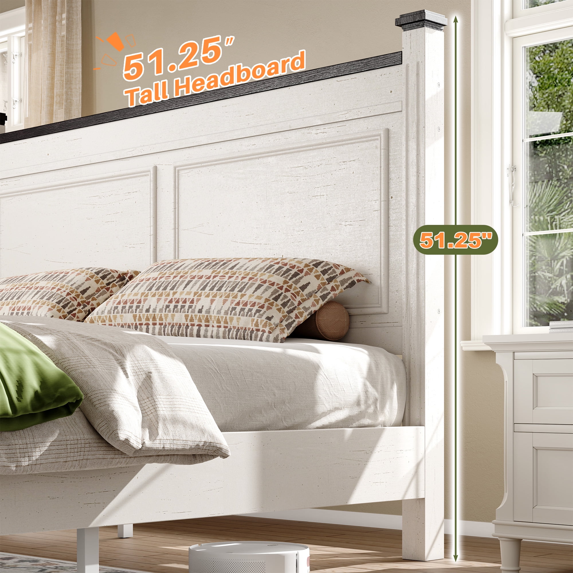 King Size Bed Frame with 2 Storage Drawers Farmhouse  Wood Bed Frame with Storage &  Tall Headboard,White
