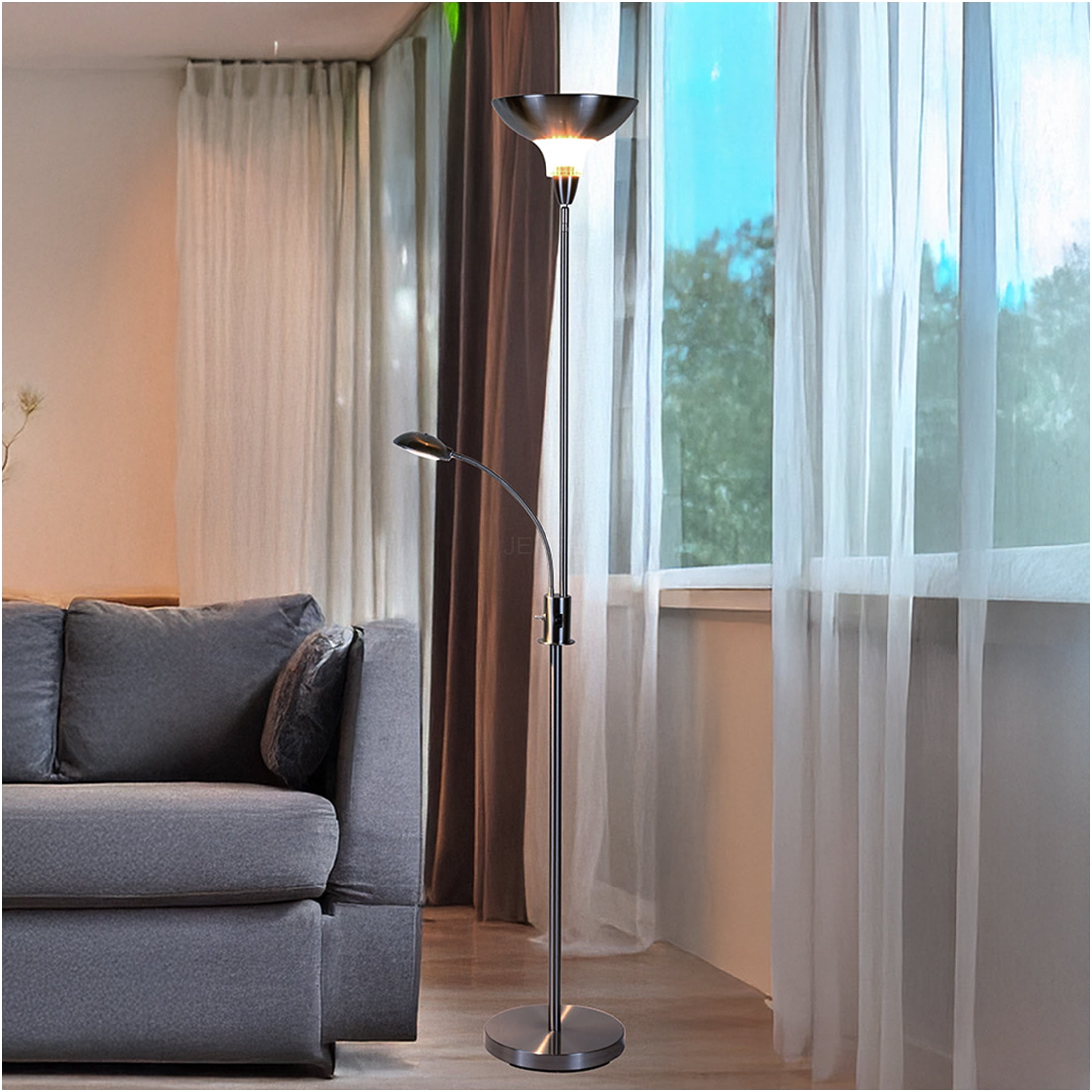JERFIT Dual Light Torchiere Floor Lamp with Reading Light, Adjustable Gooseneck, Brushed Nickel Finish, for Living Room, Bedroom, Office