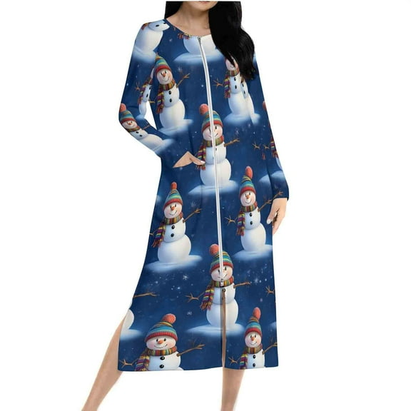 Hvot&aat Zipper Front Robes for Women Christmas Print Long Sleeve Nightgown Holiday Loungewear