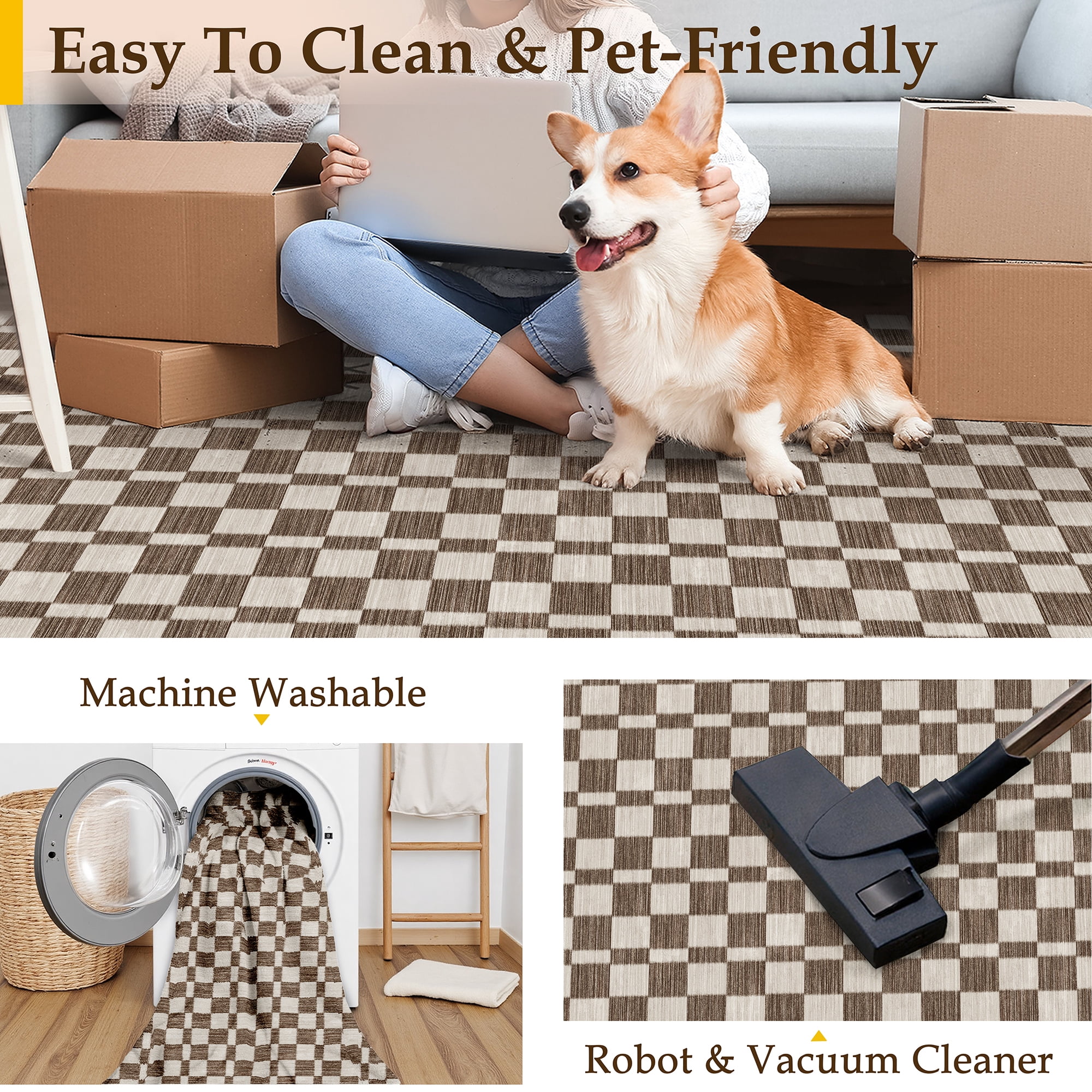 BERTHMEER 5'x7' Area Rugs for Living Room Modern Checkered Plaid Rugs Soft Faux Wool Bedroom Office Dining Room Farmhouse Geometric Contemporary Washable Non Slip Rugs Carpets, Coffee