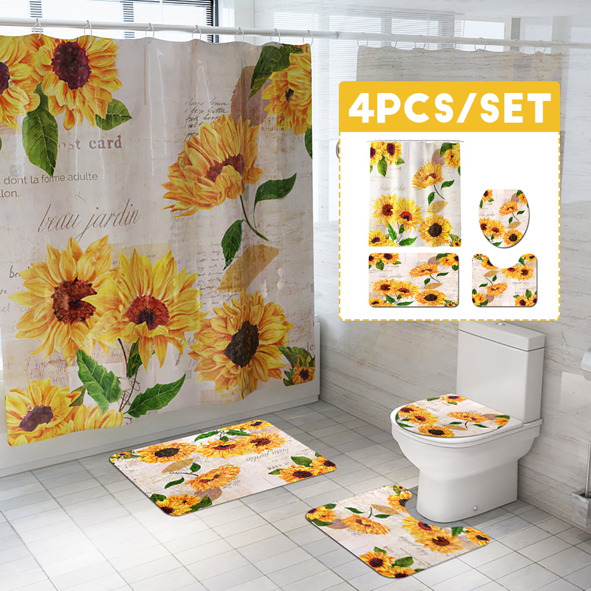 Sunflower Shower Curtain Non-Slip With Free Hooks Waterproof Fabric Bathroom Set 