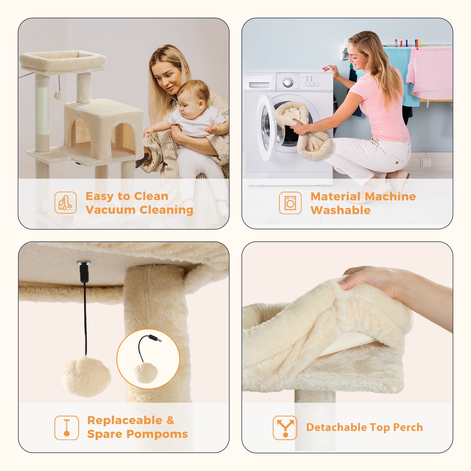 Pefilos 44" Cat Tree Tower for Indoor Cats, 5-Level Cat Condo with Large Hammock, Big Top Perch and 4 Sisal Covered Scratching Pos, Beige