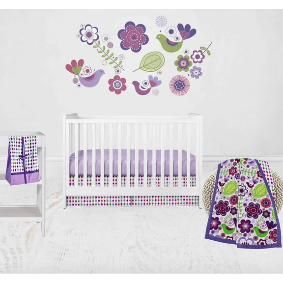 Bacati - Botanical Floral Birds 4-Piece Crib Bedding Set with Diaper Stacker - Purple/Multi Girls