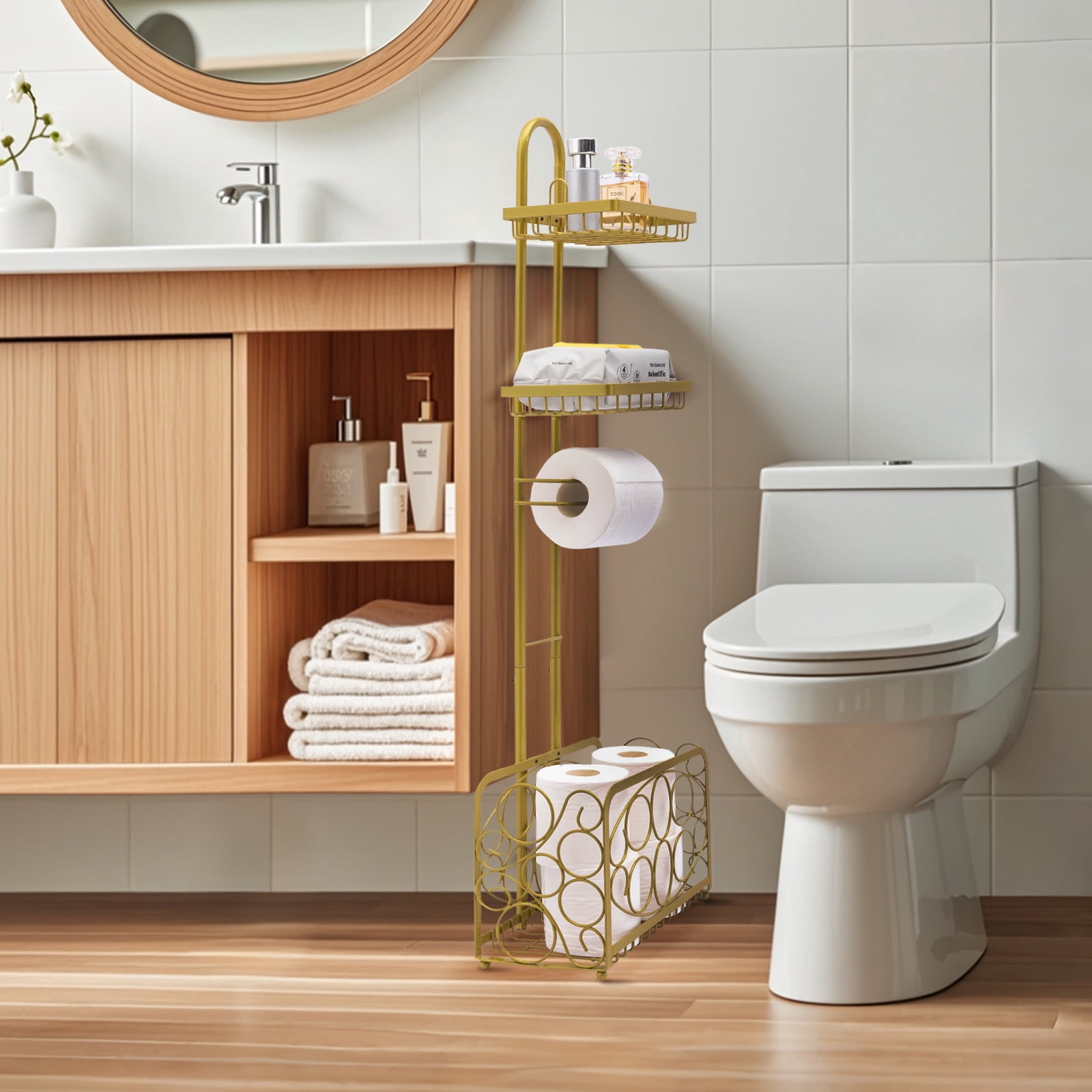 Oasis Creations Toilet Paper Holder Tissue Rack Stand with Magazine Toilet Roll Storage Basket- Freestanding, Gold Metal