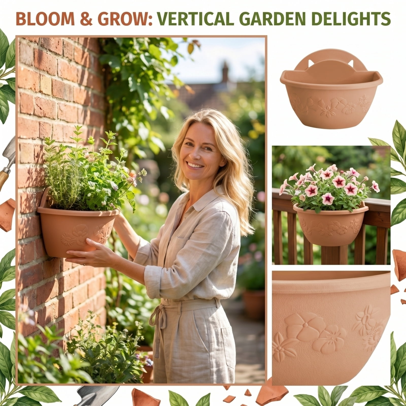Planter Pot, Embossed Floral Light Brown Small, 1 Piece, for Railings and Wall Vertical Gardening Vegetables Flowers