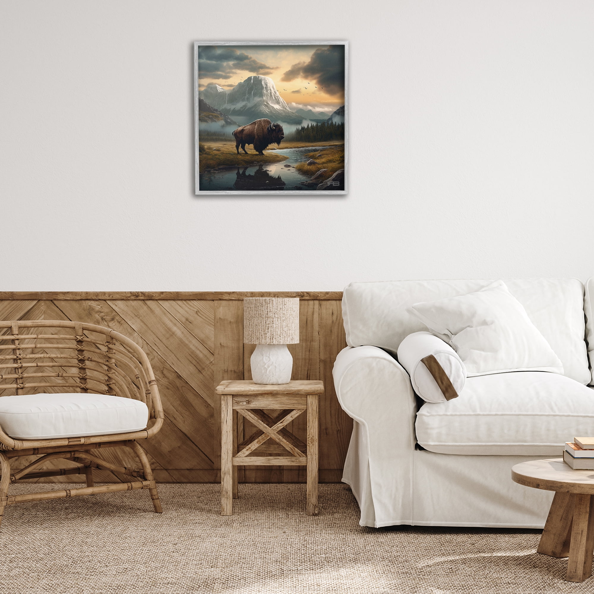 Stupell Industries Bison & Vast Mountains Landscape & Nature Painting Gray Framed Art Print Wall Art, 24 x 24