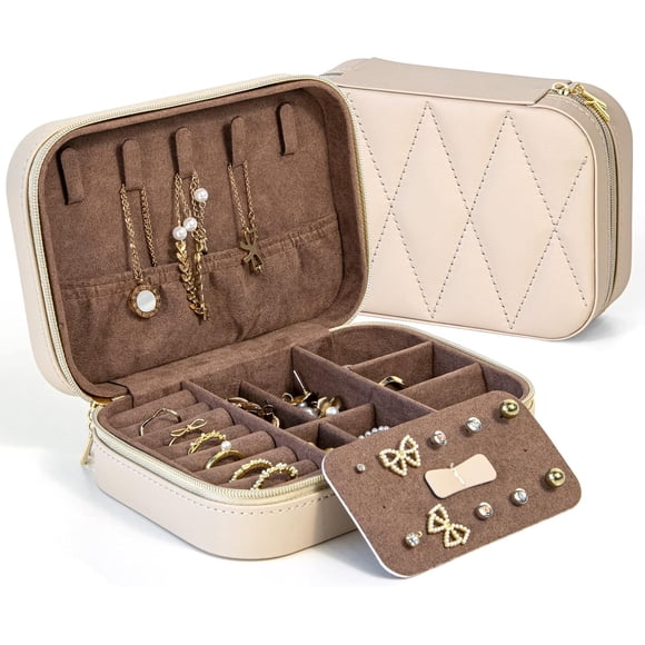 KAMIER Small Jewelry Boxes for Women, PU Leather Jewelry Organizer Box for Earrings Ring Necklaces, Travel Cute Jewelry Box for Women Men Girls(Beige)