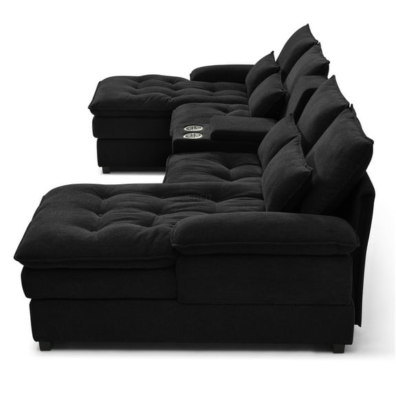 JERFIT Modern 6-Seat U-Shaped Sectional Sofa with Chaise, Built-in Console and Cup Holders, Sleeper Couch for Living Room, Apartment, Black Fabric