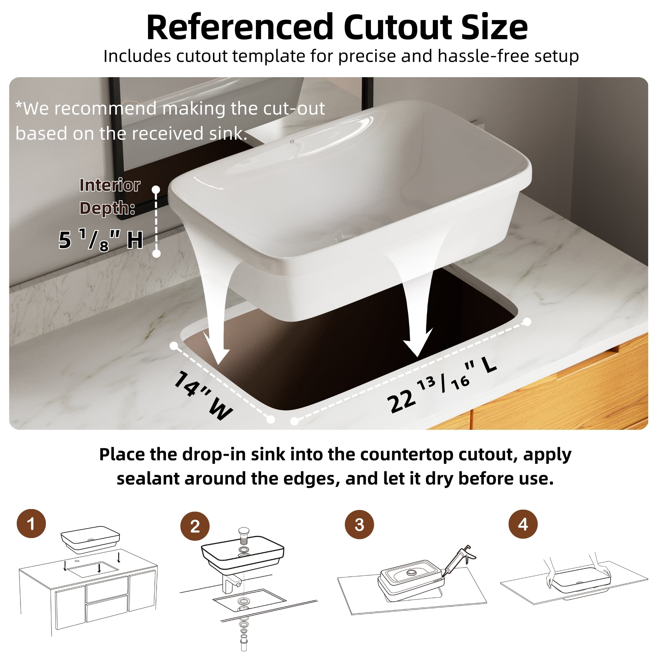Los Flexi 24″ x 15″ Rectangular Drop In Bathroom Sink, Semi-Recessed Bathroom Sink Without Overflow, Pop-Up Drain Included