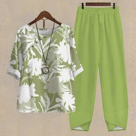 

Summer Savings Clearance! Wenini Womens Pajama Sets Women s Casual Pants Suit Set Two Piece Lounge Set Summer Printed Short Sleeve Half Sleeve Round Neck Cropped Top Green XXL # Prime Deal