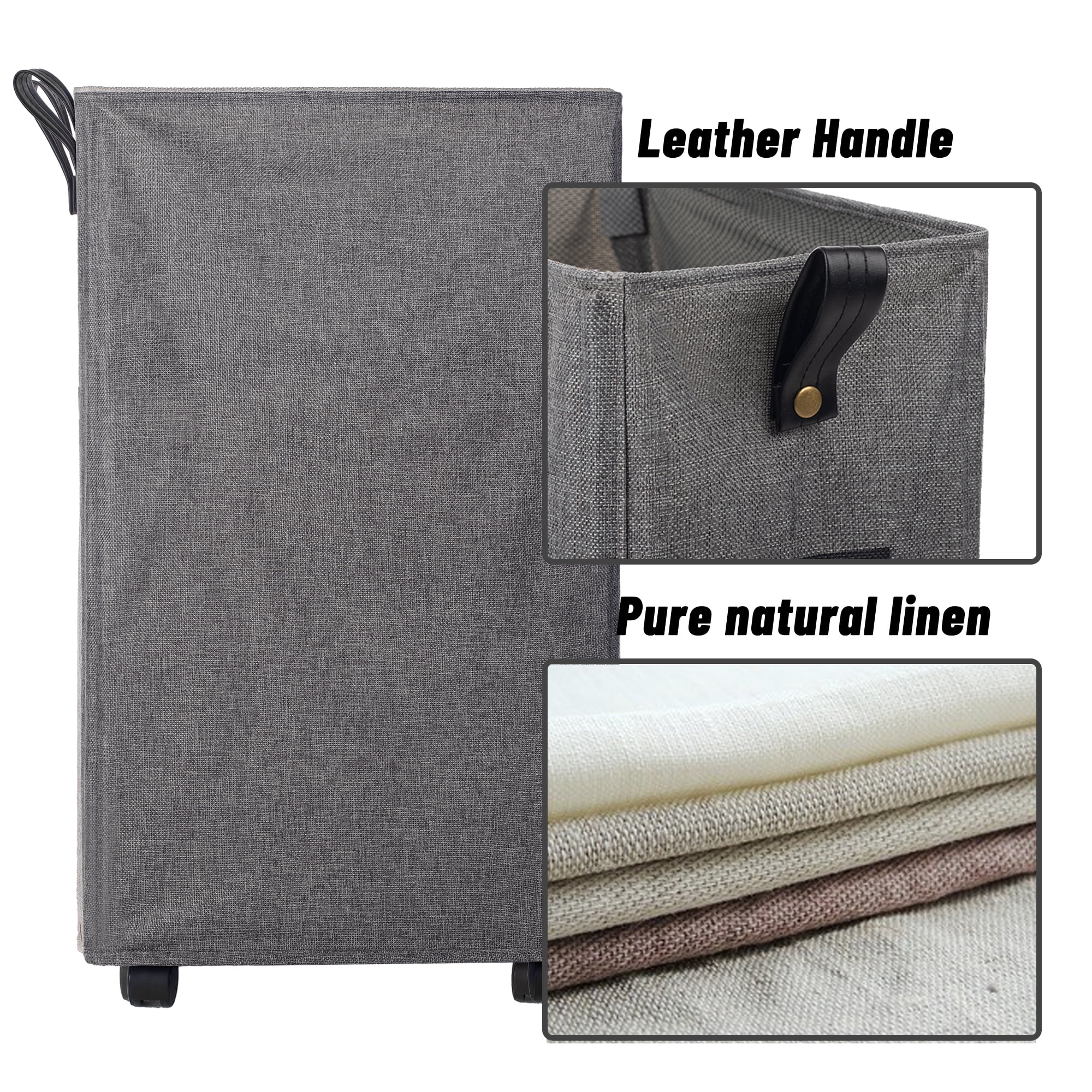 Caroeas X-Large Slim Laundry Baskets 27" Tall with Leather Handle, Laundry Basket on Wheels , Collapsible Laundry Hamper, Rolling Hamper Dorm Baskets (Grey Linen)
