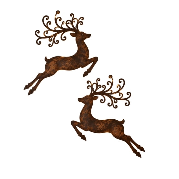 Light Up Metal Reindeer Wall Art Decor with Led Lights and Curly Antlers, Set of 2, Rustic Brown, for Indoor and Outdoor Porch Living Room Farmhouse Christmas Decoration