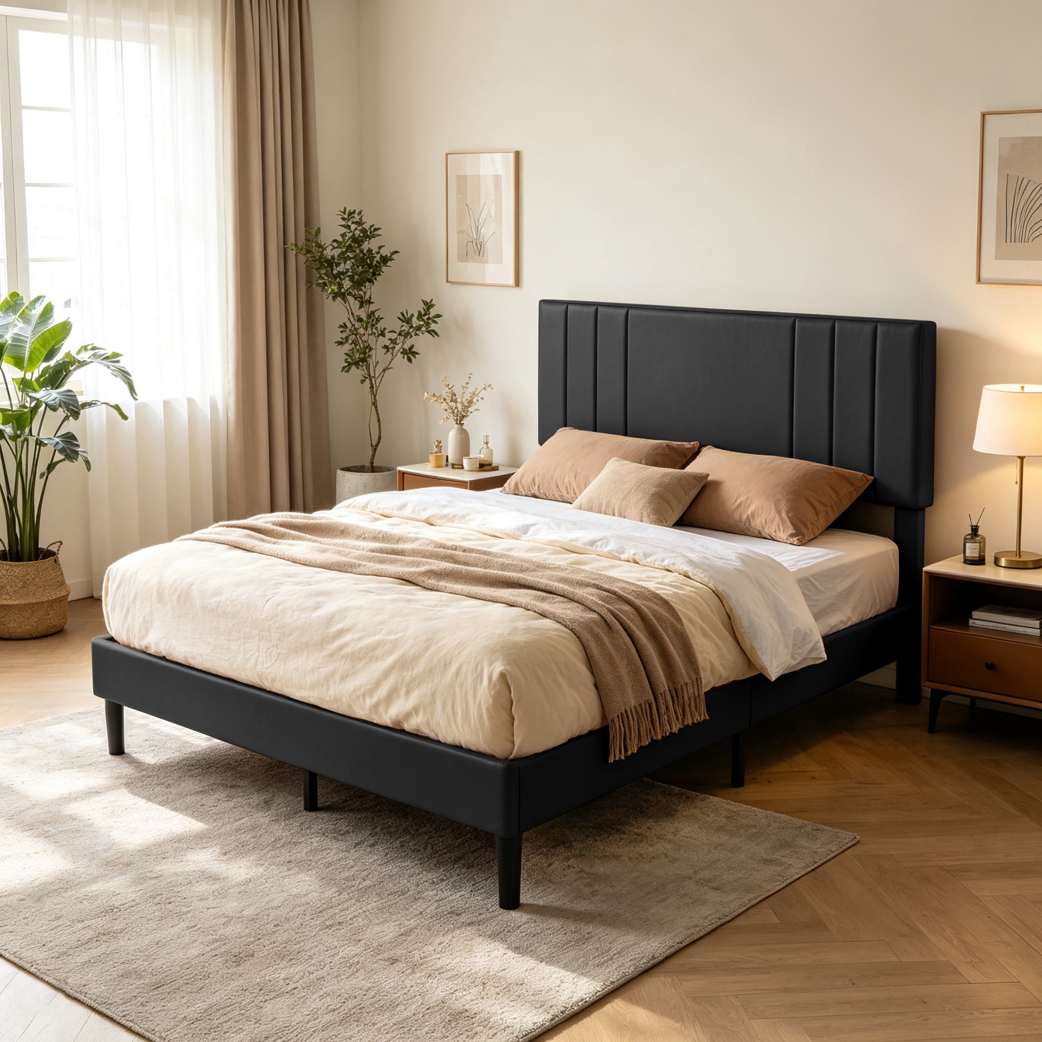 Gewnee Full Size Bed Frame,Platform Bed with Upholstered Headboard,Modern Accent Bedroom Furniture,No Box Spring Needed,Black PU