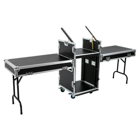PA DJ Rack with Table, 14U Capacity, Sturdy 2-Tier Design, Ergonomic Spring Handle, 4 Wheels, and 661.39lbs Load Capacity for Equipment Storage