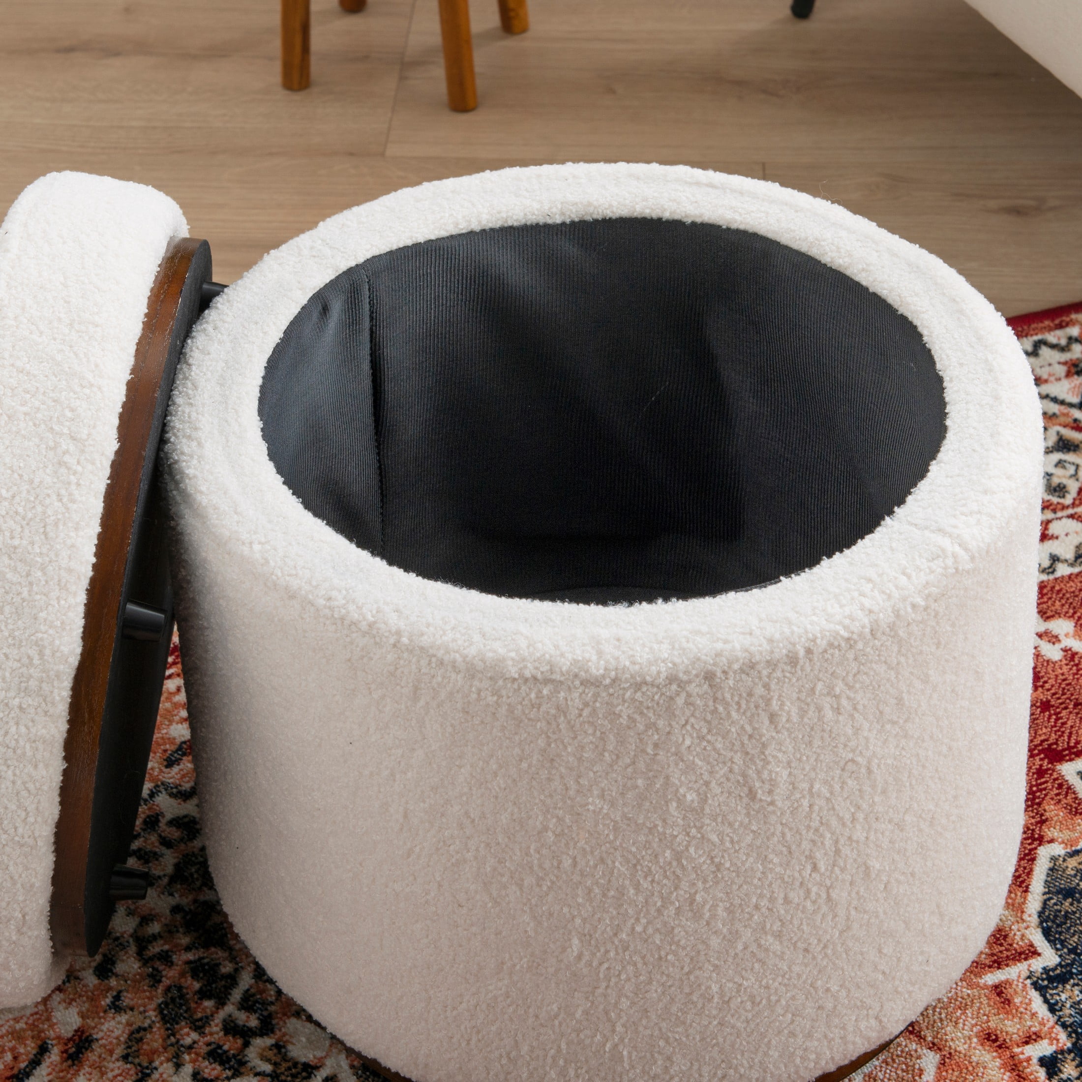 Linon Primrose Storage Ottoman Stool, Walnut Finish with Natural Sherpa Fabric