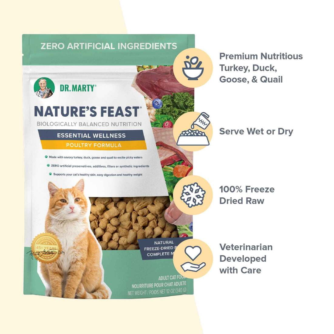 Dr. Marty Nature's Feast Essential Wellness Cat Food, Freeze Dried Raw Cat Food, Poultry Formula for Easy Digestion & Youthful Vitality, 12 oz