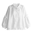 thumbnail image 3 of Lenpel Womens Fall Tops Casual Crew Neck Balloon Long Sleeve Blouses Oversized Fashion Ruffle Trim Tie Front Shirts, 3 of 4