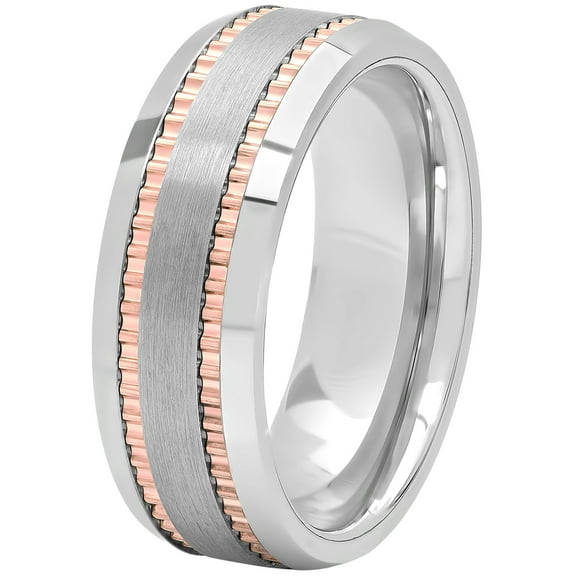 Mens Tungsten Rose Gold-Tone IP Double Grooved Wedding Band