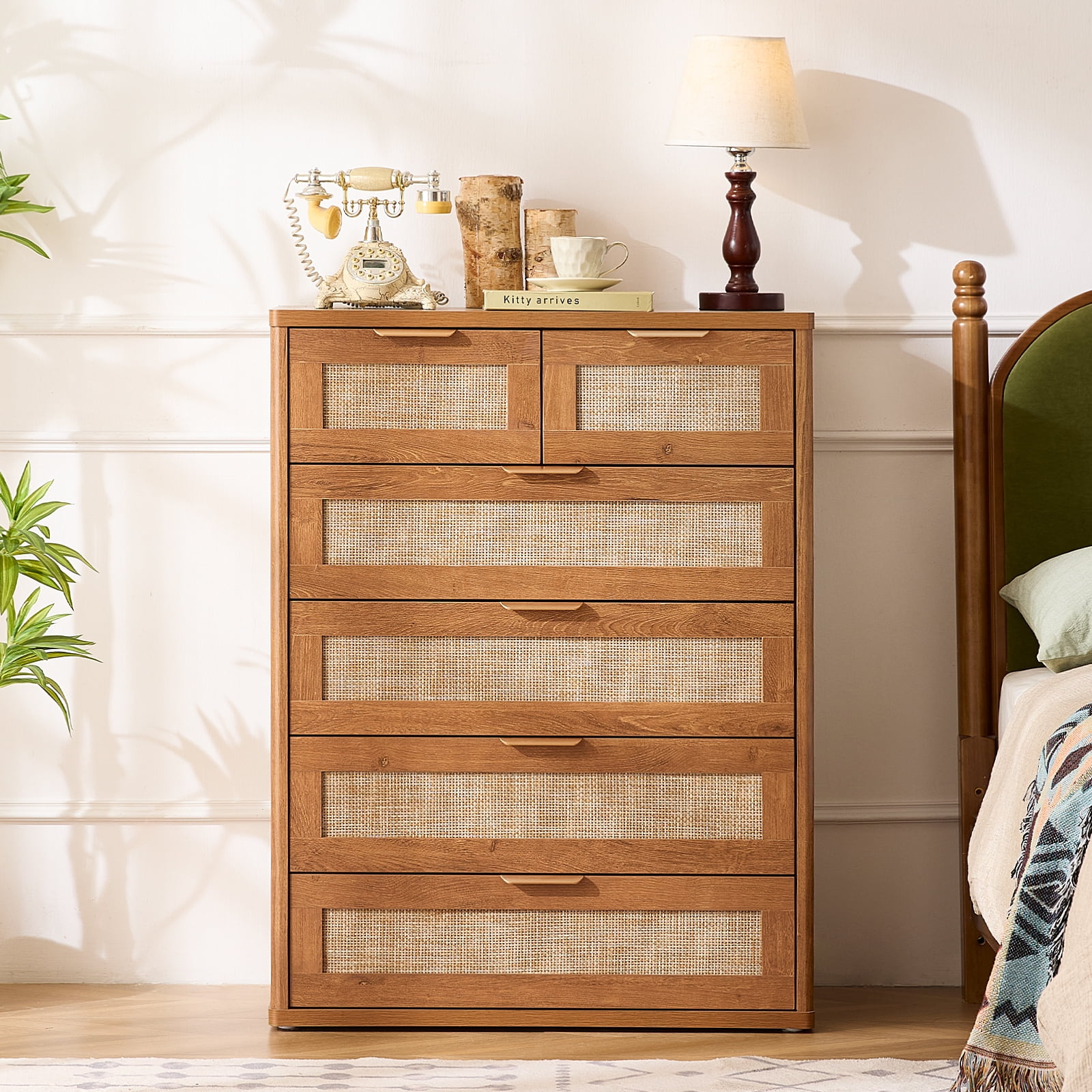 6 Drawer Tall Dressers, Rattan Dresser with Large Storage Space Boho Dressers & Chests of Drawer Wooden Dressers for Bedroom, Tea Brown