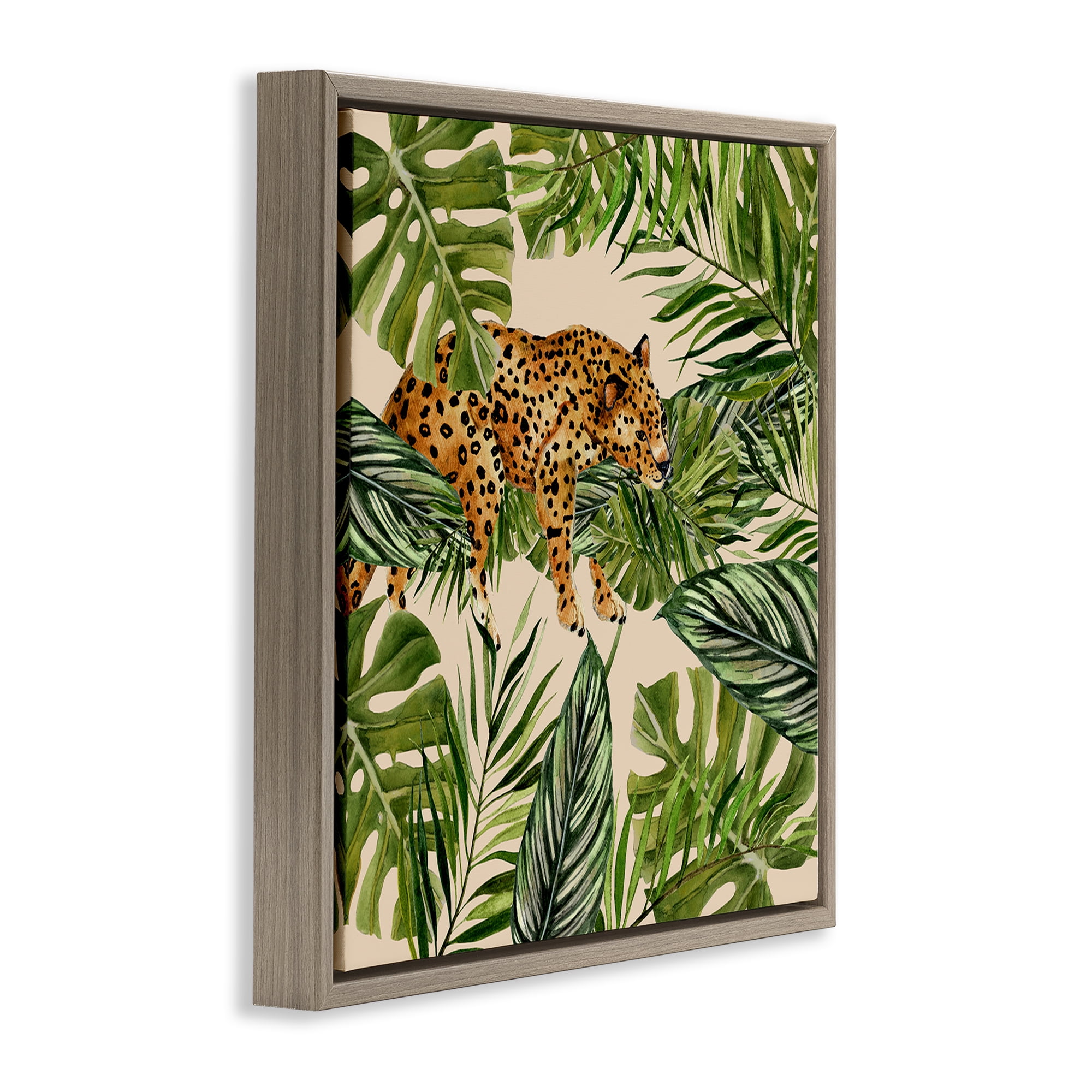 Stupell Industries Resting Leopard on Branch Plants & Flowers Painting Brown Floater Framed Canvas Art Print Wall Art, 25 x 25
