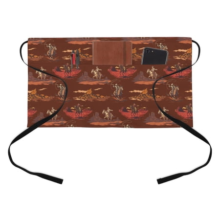 Cowboys Horses Kitchen Restaurant Half Waist Apron, Desert Ethnic Winds Dark Brown Background Server Short Apron with 3 Pockets Waterproof Oil Waist Aprons for Women Waitress Waiter