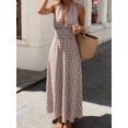 thumbnail image 3 of Womens Brown Plaid Halter Maxi Dress, Sleeveless Wrap V-Neck Summer, 3 of 6