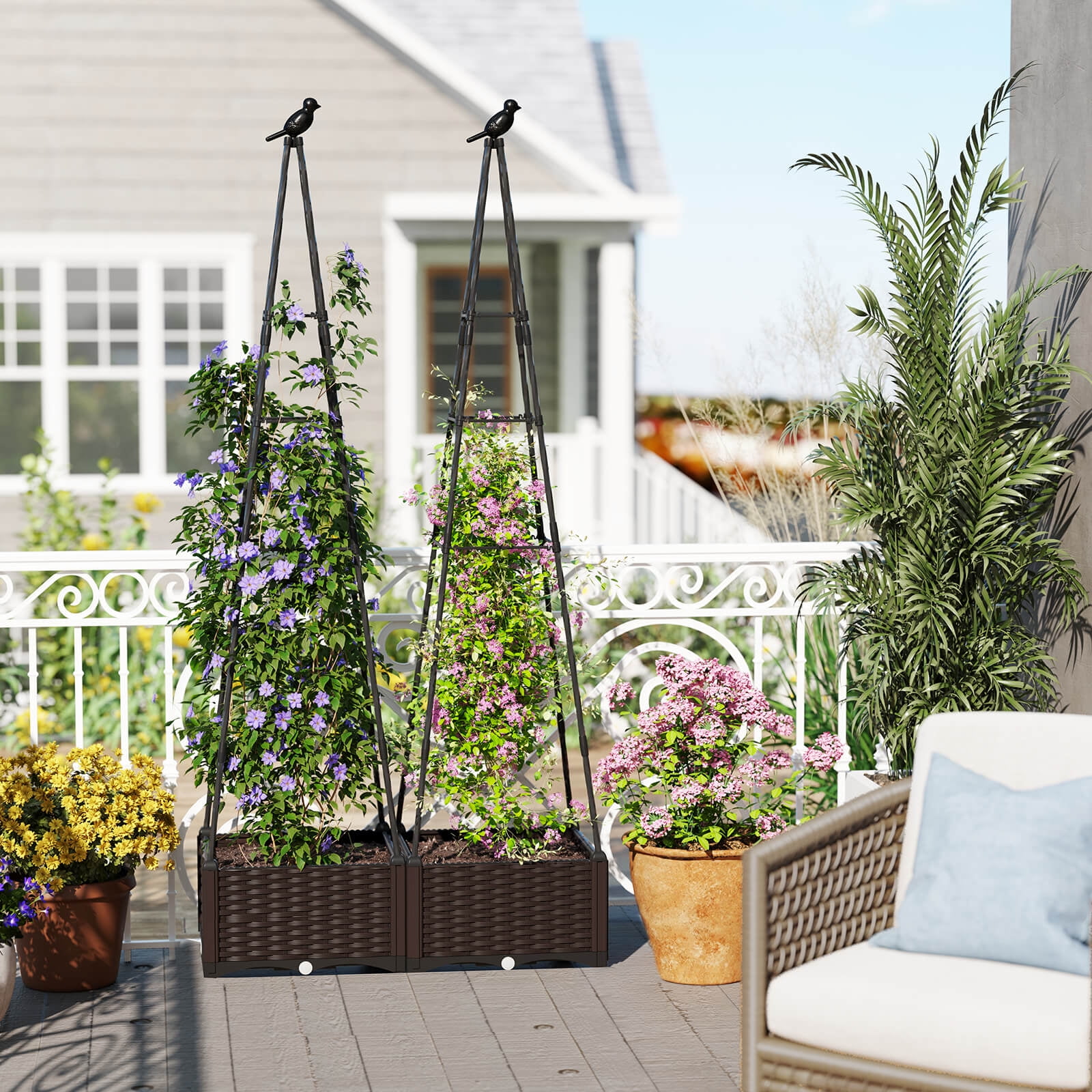 Costway 2 PCS Raised Garden Bed with Plant Box & Obelisk Trellis Lockable Wheels Cage Planter