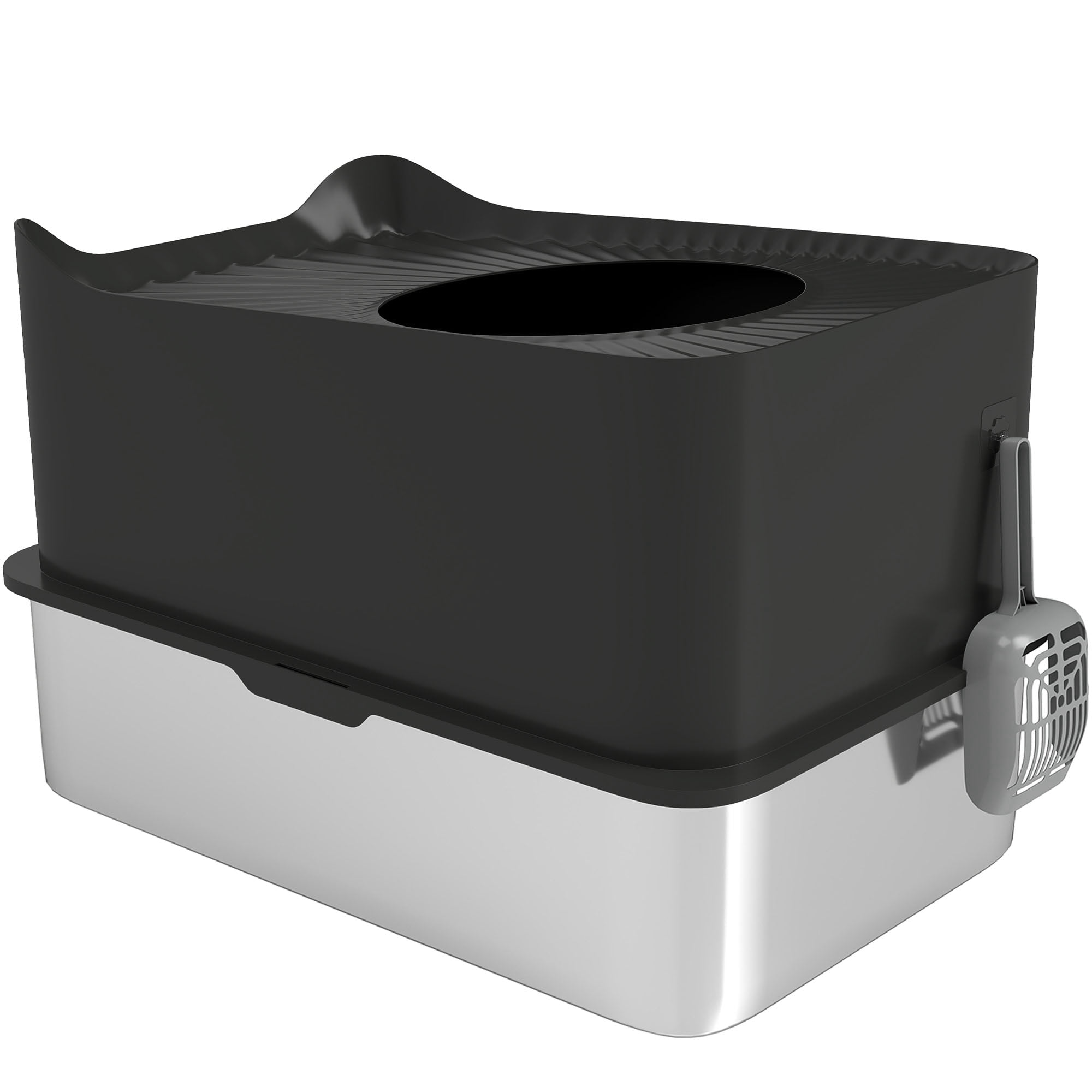 Extra Large Enclosed Top Entry Cat Litter Box, Stainless Steel Anti-Leak Odor Control Cat Toilet With Non-Slip Design, Durable ABS Pet Waste Basin With Litter Scoop For Cats Up To 20Lbs