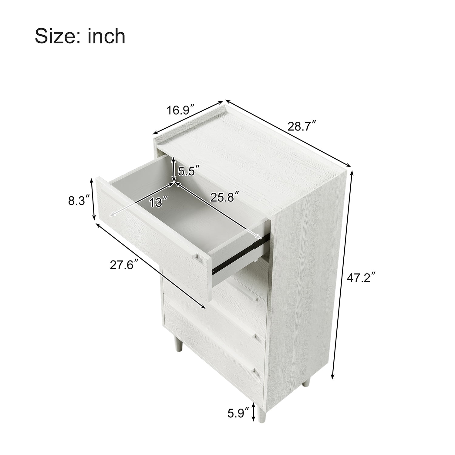Kadyn MDF Side Table, Modern Style Nightstand with 5-Drawer and Wood Legs, Bedside End Table for Bedroom, White