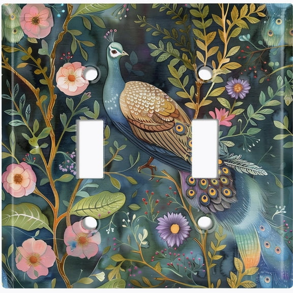 Metal Light Switch Wall Plate Outlet Cover (Printed Image of Peacock and Foliage - Double Toggle)