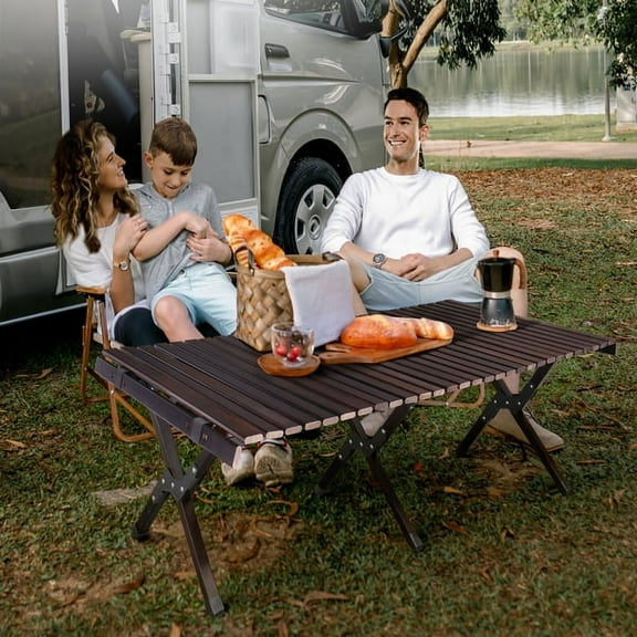 Wooden camping rolling table, can be placed indoors or outdoors, easy to assemble, easy to clean, exquisite appearance, beautiful coating and color.
