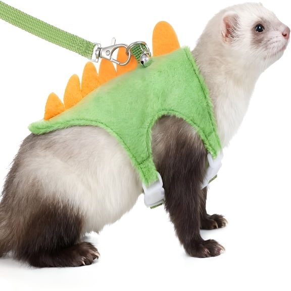 GASTROPOD Ferret Harness and Leash Set Dinosaur Shaped Small Pet Harness and Leash Set with Safety Bell, Adjustable Vest for Ferret, Hedgehog, Guinea Pig, Rabbit and Other Small Animals
