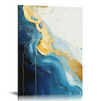 COMIO Blue Gold Abstract Wall Art Gold Foil Paintings Navy Blue Abstract Canvas Art Modern Abstract Picture Blue and Gold Marble Wall Art Blue White Gold Painting Blue Gold Foil Artwork