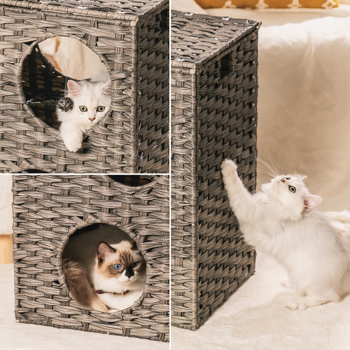 Canddidliike Large Wicker Cat Bed Grey Stackable Condo with Rattan Ball and Mat Canddidliike Large Wicker Cat Bed Grey Stackable Condo with Rattan Ball and Mat