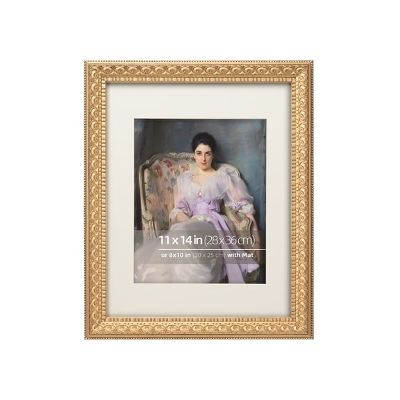 11x14 Aged Gold Real Wood Ornate Vintage Classic Picture Frame, With Mat 8x10 inches, Real Glass Protection, Horiztonal or Vertical Display