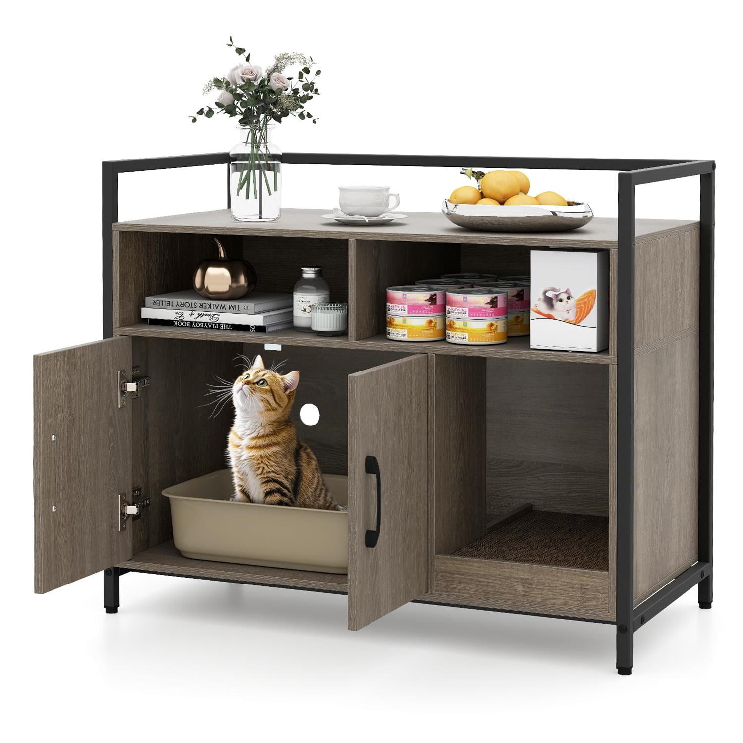 Pefilos Hidden Cat Washroom, Double Doors & Scratch Cardboard, Vent Holes & Anti-Toppling, Oak (Brown)